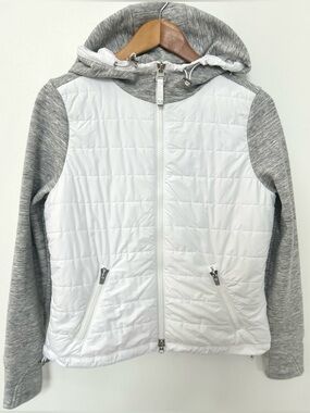 Athleta Hybrid Quilted Jacket XS Gray White Hooded Zip Athleisure